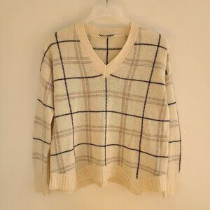 White+Warren Women’s Long Sleeve V-neck Cashmere Sweater Cream Plaid Size XS